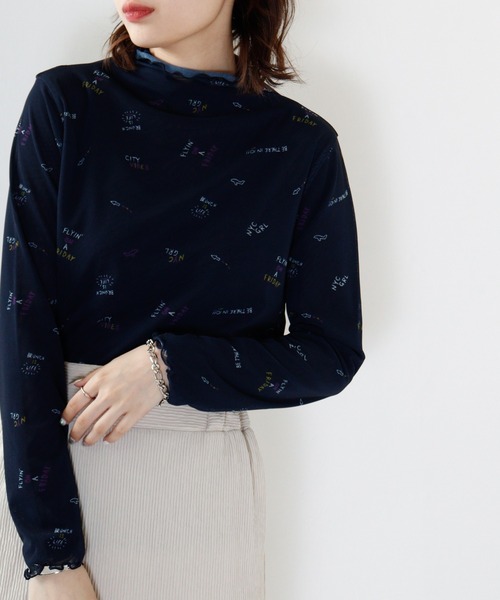 tシャツ BRODIAEA 無地×柄リバーシブルハイネックメッシュシアープルオーバー レディース