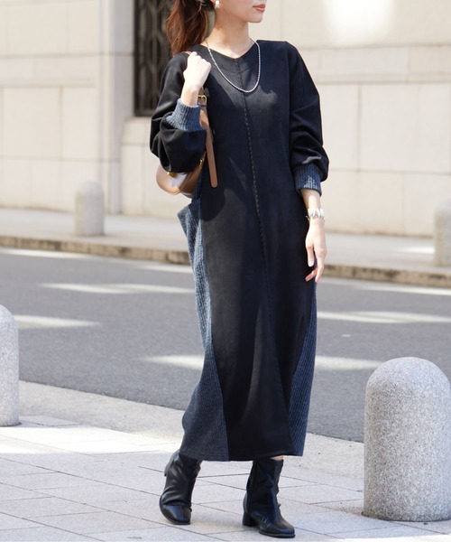 ワンピース 036 Chez toi（シェトワ） ワンピース 前後2WAYスエード×リブワンピース