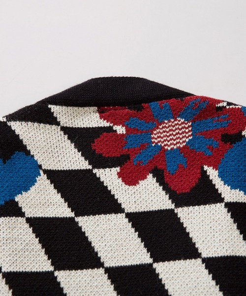 カーディガン HOOK -original- ブロックチェック花模様フリンジ