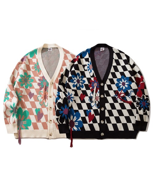 カーディガン HOOK -original- ブロックチェック花模様フリンジ
