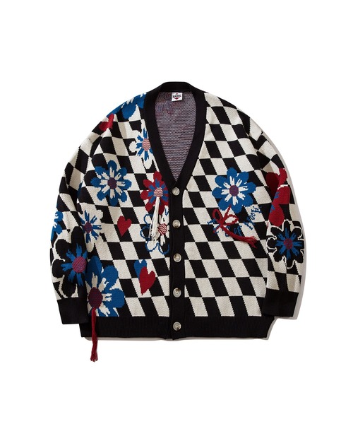カーディガン HOOK -original- ブロックチェック花模様フリンジ