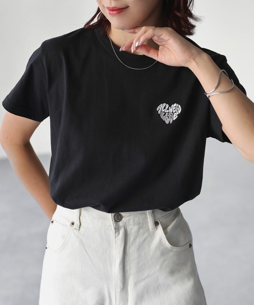RILY ハートロゴTシャツ Riberry tシャツ ハートロゴラメ刺繍コンパクトTシャツ