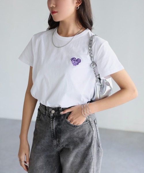 Riberry tシャツ ハートロゴラメ刺繍コンパクトTシャツ