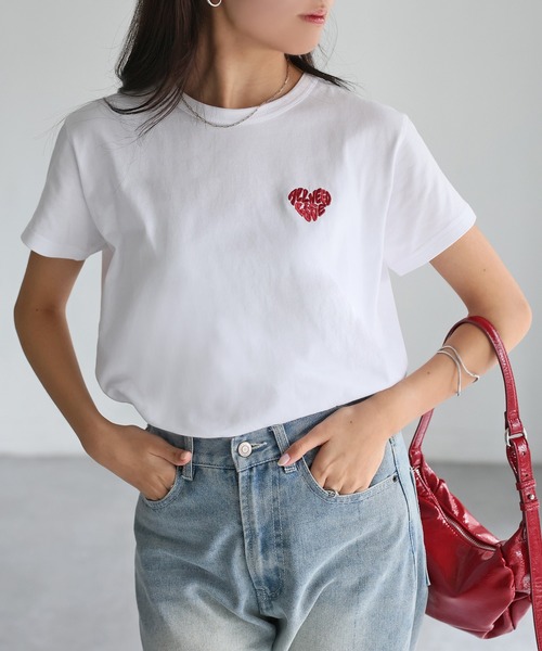 Riberry tシャツ ハートロゴラメ刺繍コンパクトTシャツ