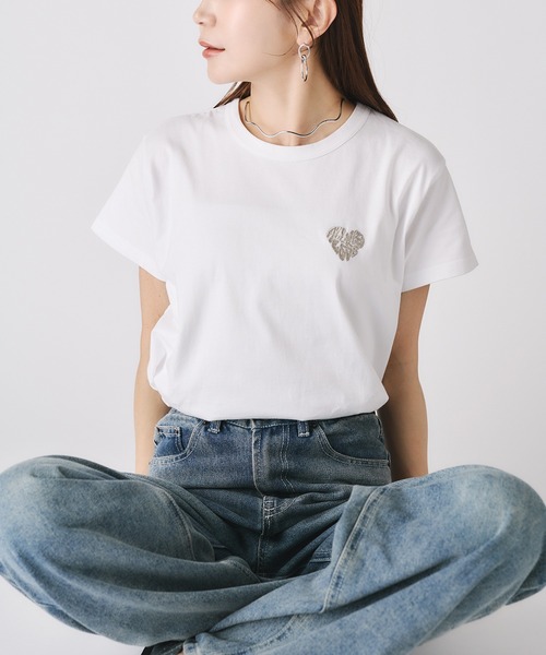 RILY ハートロゴ Tシャツ ホワイト 白 Riberry（リベリー） tシャツ 半袖 ハートロゴラメ刺繍コンパクトT