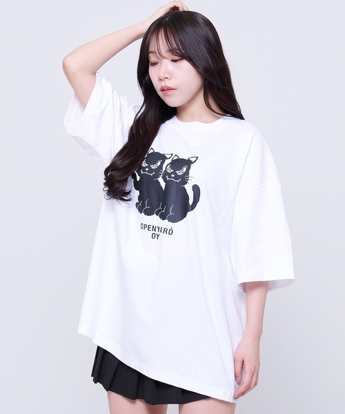 ★OY★BLACK CAT LONG SLEEVE-WHITE★正規品/韓国直送料込/人気 OY/オーワイ』 TWIN BLACK CAT T/ツイン猫 Tシャツ OY│A'GEM/9