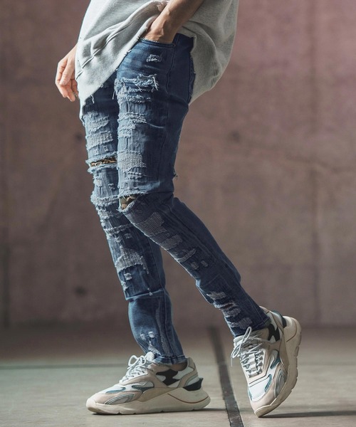 パンツ デニム ジーンズ メンズ mp12249- Distressed denim pants デニムパンツ｜zozo