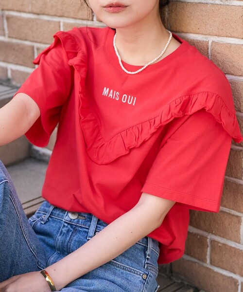 「FREAK'S STORE」 半袖カットソー フリ- ブラック レディース FREAK'S STORE tシャツ Vフリル ロゴTシャツ レディース