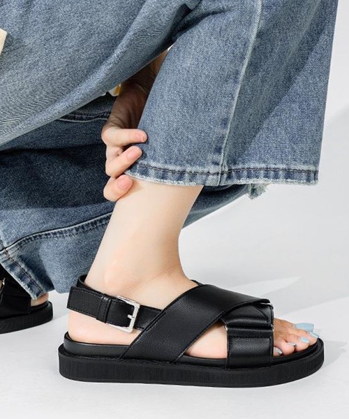 クロシェニット スライドサンダル shoes365 サンダル 「shoes365」クロスデザイン バックル付き