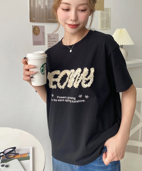 moment+ tシャツ 綿100%チュールロゴ半袖Tシャツ レディース 