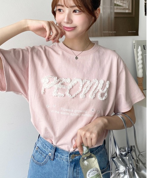 moment+ tシャツ 綿100%チュールロゴ半袖Tシャツ レディース 