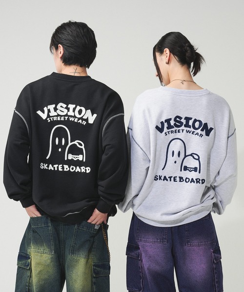 トレーナー スウェット 「VISION STREET WEAR」オリジナルグラフィック チェーン刺繍 ゴーストイラストスウェットトレーナー レディース VISION STREET WEAR トレーナー スウェット 「VISION WEAR