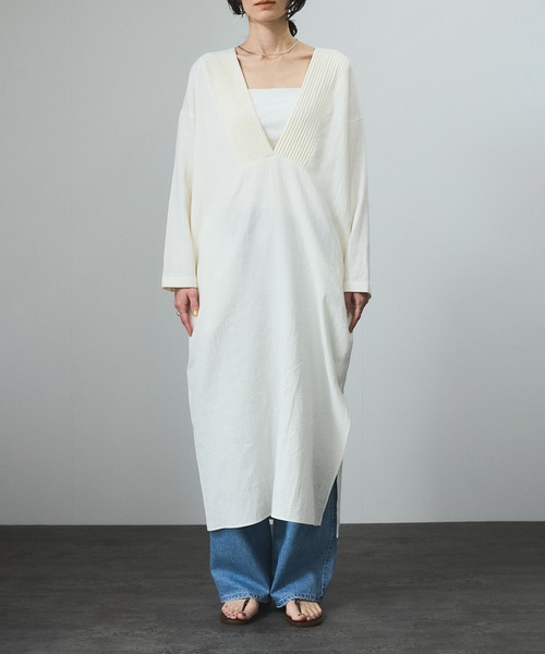 【美品】アダムエロペ Vネックワンピース ベージュ F コットン混 ナチュラル☆ SALON adam et rope' ワンピース オーガニックコットンダブル