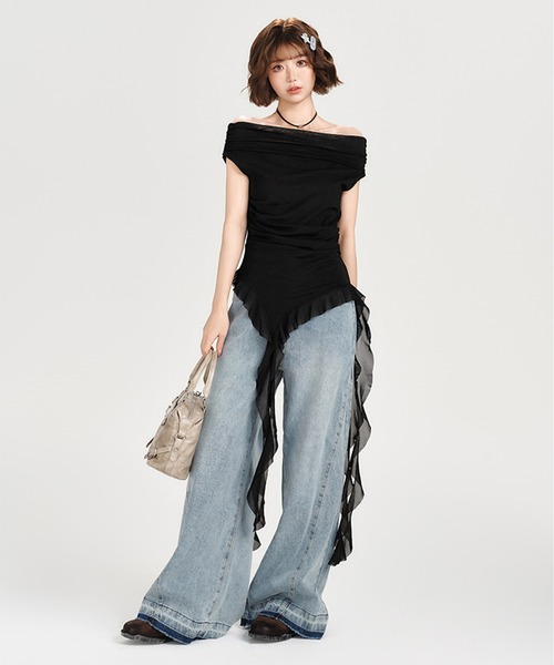 tシャツ オフショルダー サイドギャザー フリルヘムトップス GH25s076「Girlyhalo」 レディース