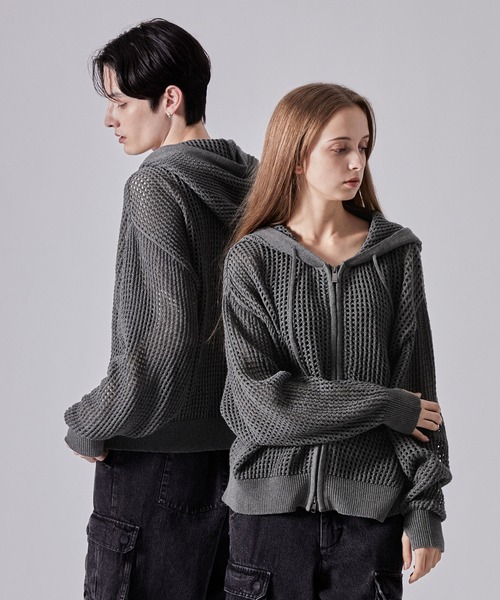 CLEL クレイル　透かし編みメッシュジップパーカー ブラック s CLEL】Watermark Knitting Mesh Zip Parka/透かし編み メッシュ