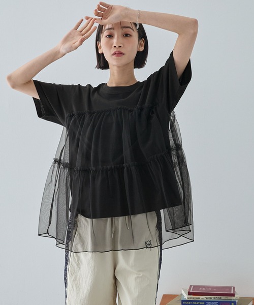 tシャツ チュール×麻タッチビスチェセットトップス レディース 楽天市場】チュールビスチェ ドッキング Tシャツ レディース