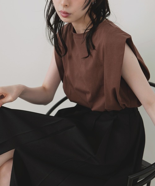 tシャツ 背中空きショルダータックトップス レディース セール】背中空きショルダータックトップス（Tシャツ/カットソー