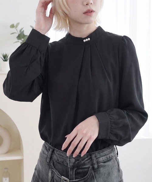 cammie ブラウス シャツ ハイネックタックパール付きブラウス