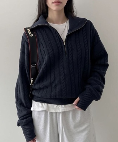 cammie ニット セーター ハーフジップケーブル模様ニット レディース