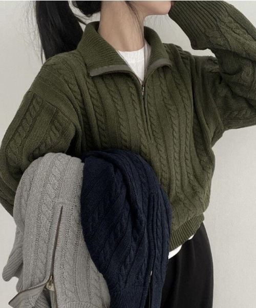 cammie ニット セーター ハーフジップケーブル模様ニット レディース