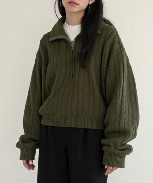 cammie ニット セーター ハーフジップケーブル模様ニット レディース
