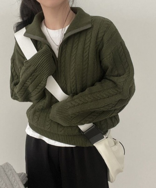 cammie ニット セーター ハーフジップケーブル模様ニット レディース