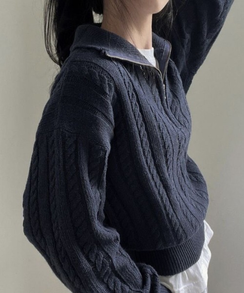 cammie ニット セーター ハーフジップケーブル模様ニット レディース