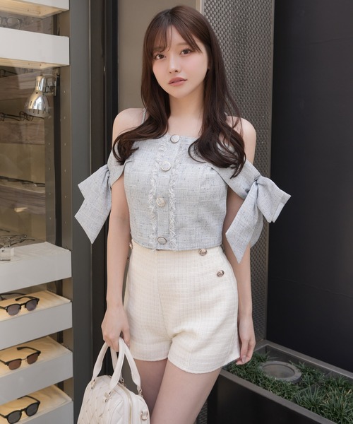 ブラウス シャツ サイドリボンオフショルトップス レディースの画像
