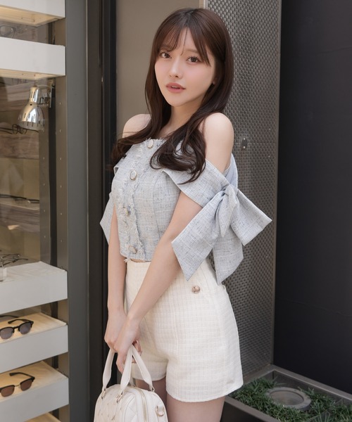 ブラウス シャツ サイドリボンオフショルトップス レディースの画像