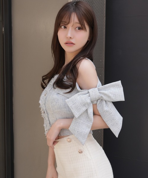 ブラウス シャツ サイドリボンオフショルトップス レディースの画像