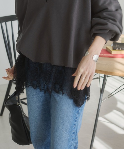 ANGIE tシャツ 裾レース ドッキング ロンT / 秋服 レディース