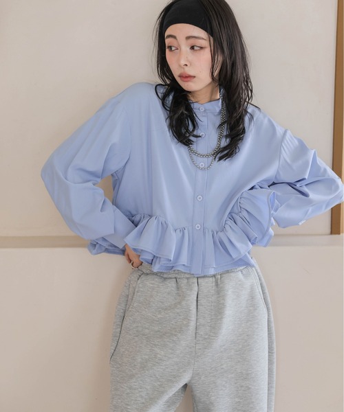 新品タグ付き★Muguetミュゲふんわりフリルブラウスブルー 手洗い可能〉エアリー フロント フリル デザイン ブラウス｜ SHIPS