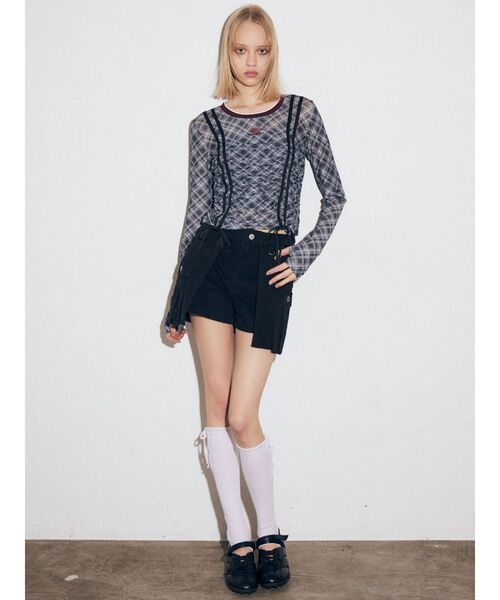終売品♢OMOロングスリーブT ダイヤチェック柄 ベロア×シアー 個性的 立体柄 umbro（アンブロ） tシャツ 「UMBRO×EMODA」シアーロングスリーブT