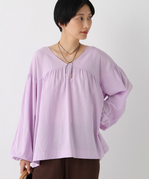 Elura（エルーラ） ブラウス シャツ リネンブレンドVネックシャツ