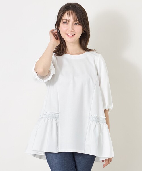 tシャツ スモッキング ティアードチュニック レディースの画像