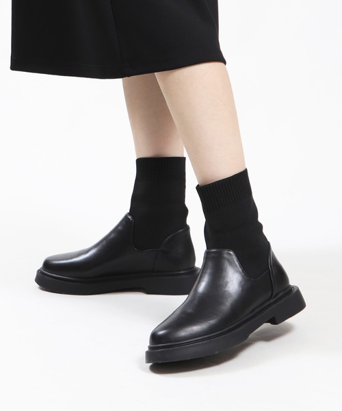 nouer ヌエール レザー ソックス ショート ブーツ ブラック 厚底 24 Bermosa ブーツ ショートソックスブーツ レディース : ZOZOTOWN Yahoo