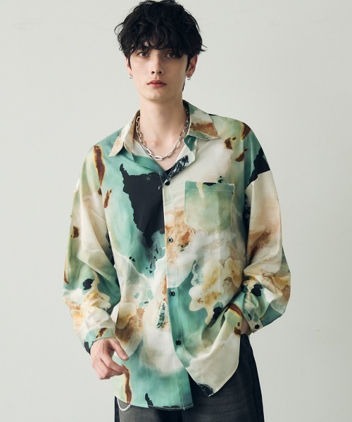 メンズ 総柄シャツ ビッグシルエット バタフライ N00120 Shoowtime シャツ オーバーサイズ / ビッグシルエットマーブル