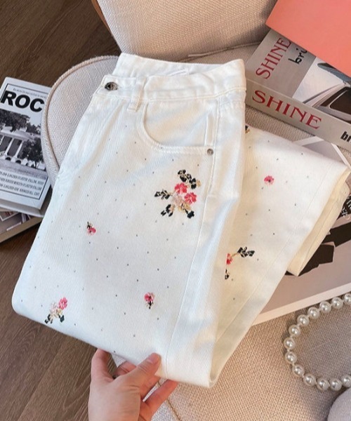 クロス刺繍デニムパンツ Perushu ジーンズ CROSS DAMAGE DENIM PANTS クロスダメージ