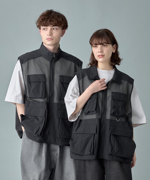 メッシュ ブラックベスト RUUBON ベスト ジレ 「RUUBON」mulch pocket nylon mesh vest