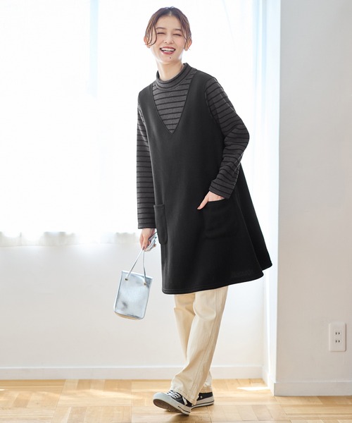 Viola e ワンピース あったか裏起毛 ジャンスカ風ドッキングワンピース