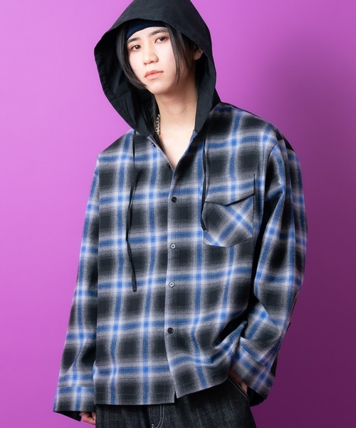 シャツ a.p.o.v. オンブレチェックフーディーネルシャツジャケット