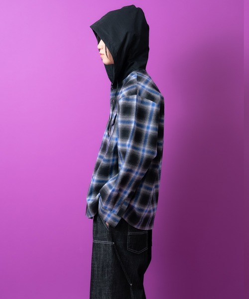 シャツ a.p.o.v. オンブレチェックフーディーネルシャツジャケット