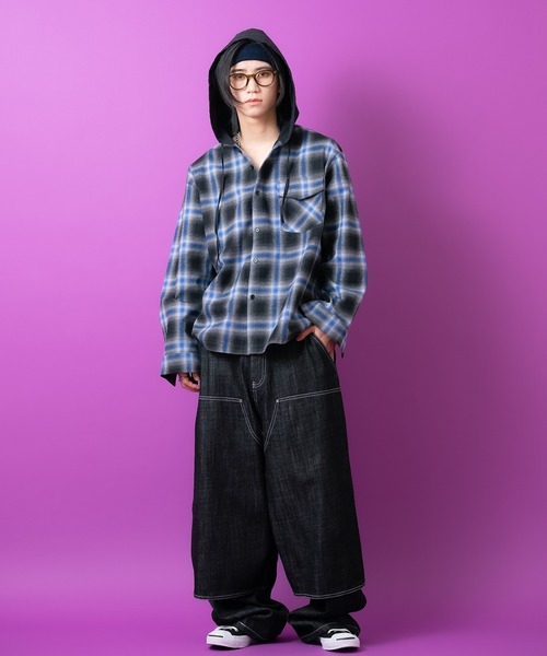 NEIGHBORHOOD オンブレ チェック フランネル シャツ フーディ M シャツ a.p.o.v. オンブレチェックフーディーネルシャツジャケット