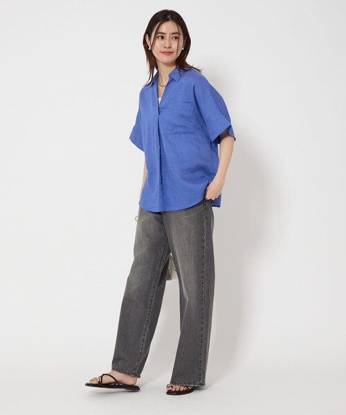 美品　グリーンレーベルリラクシング　リネンスキッパーシャツ　ターコイズブルー　F 美品 グリーンレーベルリラクシング リネンスキッパーシャツ