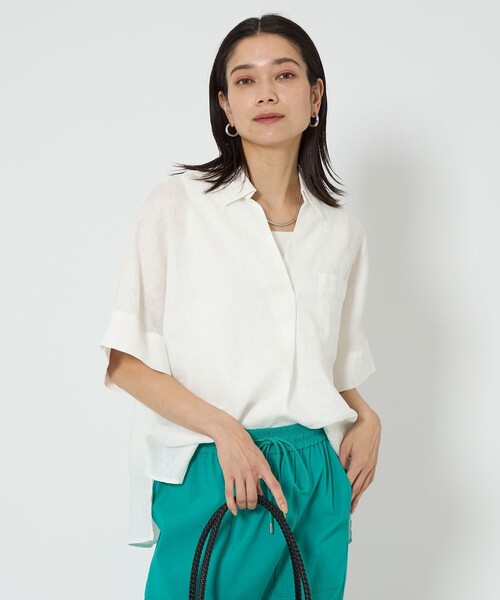 ブラウス シャツ フレンチリネン スキッパー 5分袖 シャツ レディース green label relaxing ブラウス シャツ フレンチリネン