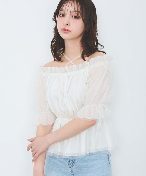 チュールオフショルブラウス♡ INGNI（イング） ブラウス シャツ チュールオフショルブラウス