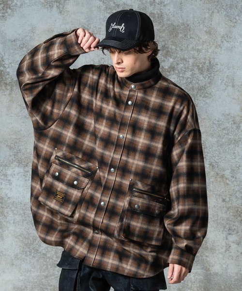 現行モデル【未使用】glamb(グラム)4XLスタンドカラーシャツ/チェック柄 グラム 4XL Stand Collar Shirt / 4エックスエルスタンドカラーシャツ