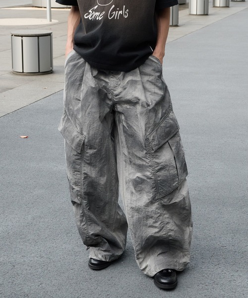 Perushu ワイドパンツ カーゴパンツ フェードクラッシュシェルカーゴ