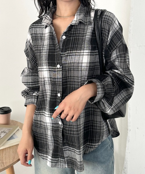 CLEA ブラウス シャツ ルーズシルエットチェックネルシャツ レディース