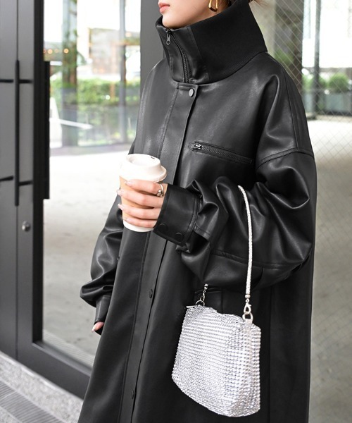 人気✨️ HUG.U ハグユー フェイクレザー ロングコート 黒 レザーコート HUG.U（ハグユー） ジャケット テーラードジャケット フェイクレザー